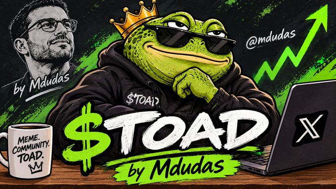 A digital artwork promoting the '$TOAD by Mdudas' meme cryptocurrency, featuring a crowned Pepe frog wearing sunglasses and a hoodie next to a laptop displaying the X (Twitter) logo, with text reading 'MEME. COMMUNITY. TOAD.' and '@mdudas'.