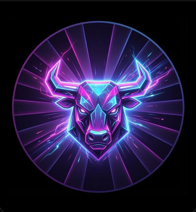 A neon-styled digital artwork featuring a glowing geometric bull's head in vibrant pink, purple, and cyan colors against a dark background with radiating light rays.