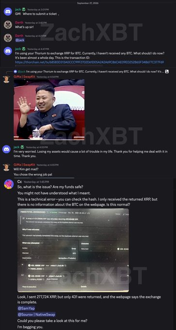 A Discord conversation where blockchain investigator ZachXBT requests a Binance support agent to freeze a suspect's account to prevent further movement of stolen funds, with a user showing a transaction history screenshot proving only 431 of 277,724 XRP were returned from a 2022 hack, illustrating the ongoing efforts to trace the $387M Bitget exploit.