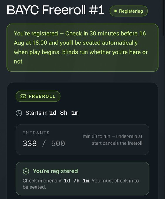 A mobile app screen for a BAYC Freeroll #1 poker tournament showing 338 of 500 entrants registered, starting in 1 day 8 hours.