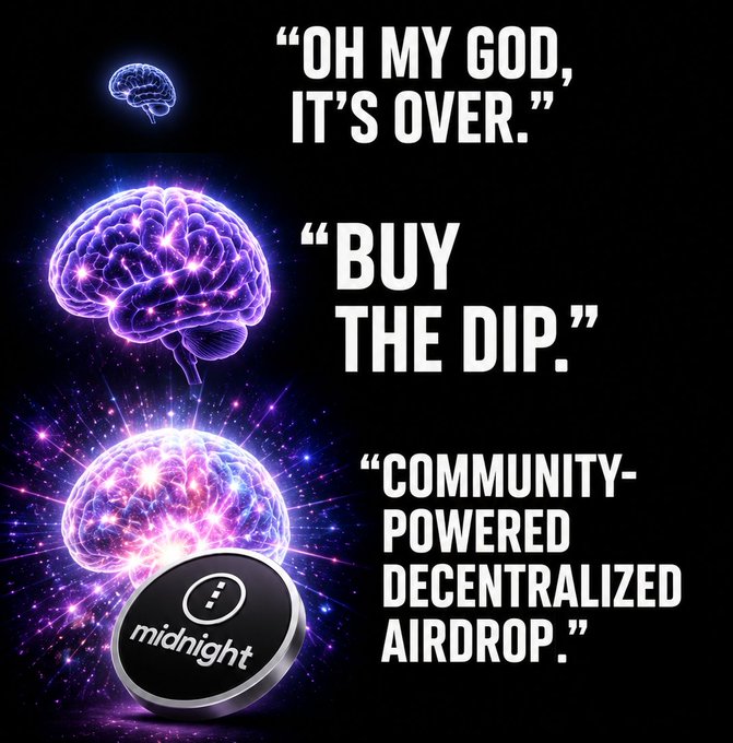 The image uses a "galaxy brain" meme format to humorously depict three escalating levels of coping with the Wanchain bridge hack involving the $NIGHT (Midnight) token: from basic panic ("Oh my God, it's over"), to crypto-bro optimism ("Buy the dip"), to the most "enlightened" cope of calling it a "Community-powered decentralized airdrop" — with each brain tier shown glowing more intensely above the $NIGHT/Midnight token.