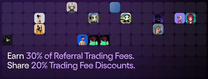 A promotional banner for OndoPerps displays various pixel-art avatars and the offer "Earn 30% of Referral Trading Fees. Share 20% Trading Fee Discounts." against a purple background, highlighting the referral incentive program that supports the project's argument about its value proposition beyond just being another perps DEX.