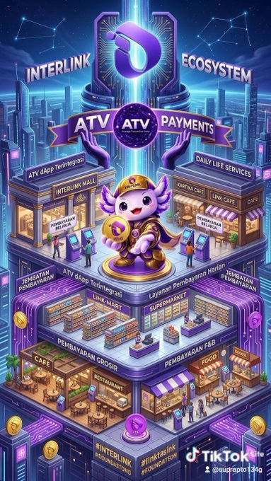 A vibrant isometric illustration advertising the 'INTERLINK ECOSYSTEM' and 'ATV PAYMENTS,' featuring a mascot character in a futuristic marketplace with shops like supermarkets, cafes, and F&B outlets, tagged with the TikTok handle @supapto1346.