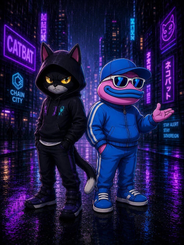 The image features two cartoon characters, a cat and a rat, standing together in front of neon signs that say "CATBAT" and "chain city". The cat character has sunglasses and a hoodie, while the rat character wears a blue jacket with a pink hat on its head. They are positioned next to each other, creating an interesting contrast between the two characters.

The image also includes text elements related to the post about CATBAT, which suggests that this is a promotional or marketing campaign for the cat character. The post encourages users to "focus on what is in the image and how it relates to the post".