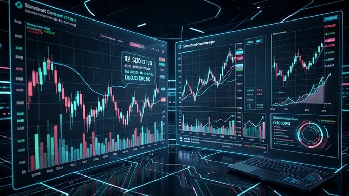 A futuristic trading setup displaying multiple screens with financial charts, candlestick graphs, and market data analysis.
