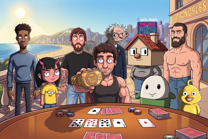 A cartoon group of characters, including recognizable figures like Andrew Tate, gather around a poker table in "Solangeles" with community cards visible and one character holding a championship belt, fitting the post's triumphant morning vibe of winning big on Solana Poker.