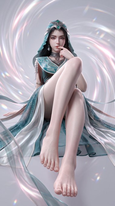A fantasy-style 3D rendered character, an elf-like woman in a teal and white hooded dress with one leg drawn up, posed amid flowing iridescent ribbons.
