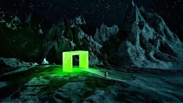 The image features a large, green square structure that appears to be a doorway or tunnel, situated in a mountainous area with mountains visible in the background. The scene also includes a person standing near this structure, possibly exploring its entrance. The image is related to an art competition called "NEO on the moon", which encourages artists to create works inspired by space exploration and celestial bodies.