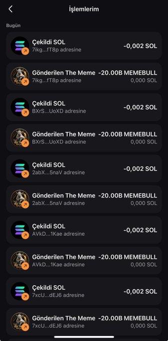 The image shows a Turkish-language crypto transaction history screen ("İşlemlerim") displaying multiple "Çekildi SOL" (SOL Withdrawn) entries of -0,002 SOL alongside "Gönderilen The Meme" (The Meme Sent) transactions of -20.00B MEMEBULL to various wallet addresses, which appears to serve as visual "proof" to support the claim of an ongoing $MEMEBULL airdrop distribution.