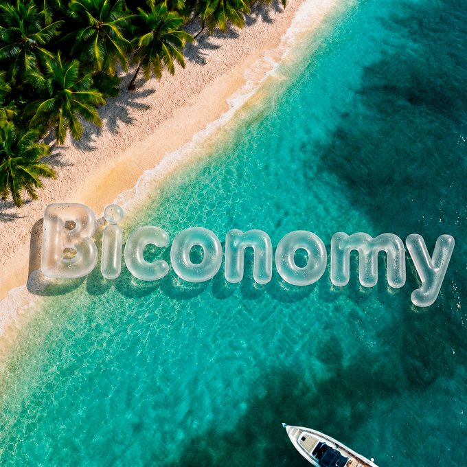 An aerial view of a tropical coastline with palm trees, turquoise waters, and a small boat, featuring the word "Biconomy" displayed in large, glossy bubble letters across the ocean—visually tying the post's metaphor of "riding waves" and "catching momentum" in the crypto market to a serene island seascape.
