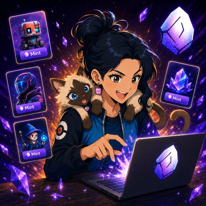 An anime-style illustration features a girl with a cat on her shoulders using a glowing laptop, surrounded by NFT cards labeled 'Mint' and purple crystals.