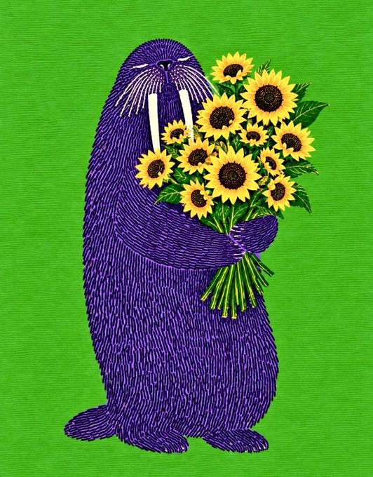 A stylized illustration depicts a tall, purple furry creature with long white tusks and prominent whiskers holding a large bouquet of bright yellow sunflowers against a solid green background.