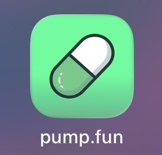 An app icon for 'pump.fun' featuring a green and white capsule pill design on a gradient background.