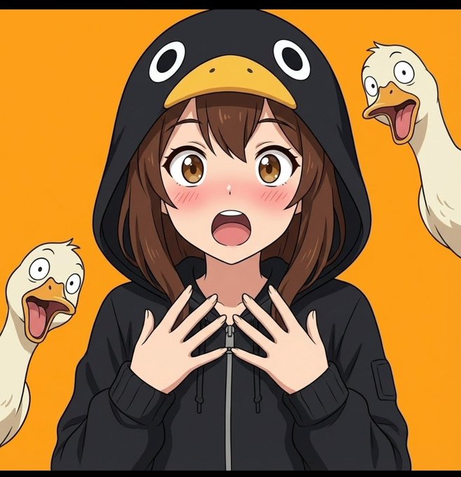 The image features an anime character wearing a hooded penguin costume, with her hands up to her face as if she's surprised or expressing excitement. In the background, there are two geese, one of which has its beak open wide in a funny expression. The caption for this image reads "For years, crypto rewarded capital. Then protocols started rewarding activity. Now we'r entering a phase where attention itself is becoming measurable".