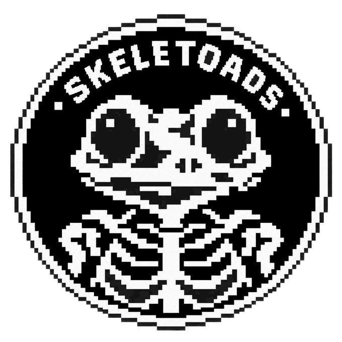 A pixel art black and white logo featuring a skeleton frog with large eyes and exposed ribcage, encircled by a ring reading 'SKELETOADS'.