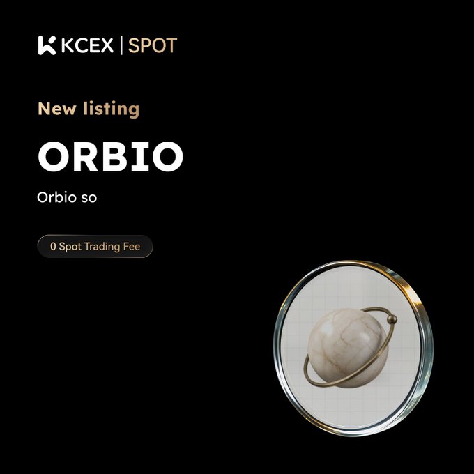A KCEX Spot listing announcement displays “ORBIO” and “Orbio so,” promotes zero spot trading fees, and shows a marble-like planet with rings.