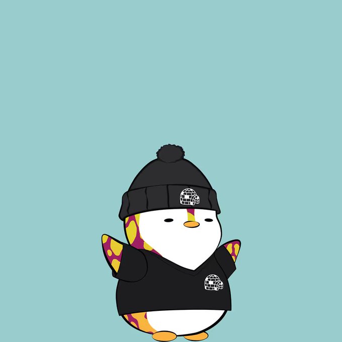 A cartoon illustration of a penguin wearing a black winter hat and sweater with disco ball logos on a light blue background.