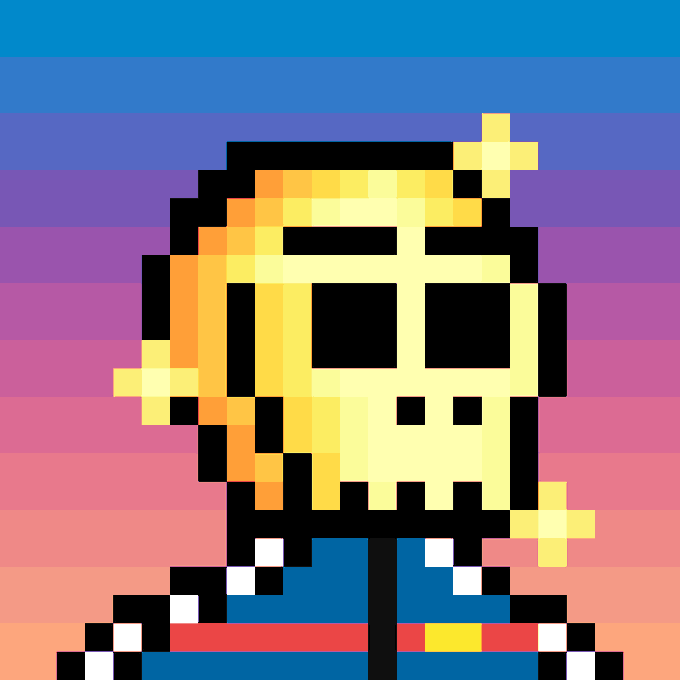 A pixel art skull character with hollow black eyes and a toothy grin stands against a gradient blue-to-orange background.