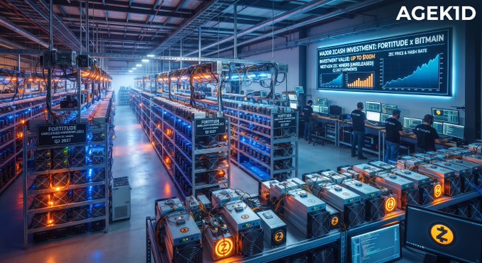 An AI-generated image of a large industrial cryptocurrency mining facility with racks of mining equipment and a screen displaying a rising chart with garbled text including 'BITMAIN', 'BTC', and 'AGEK1D'.