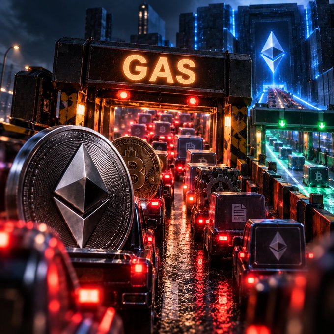A digital artwork depicting congested highway traffic under a 'GAS' sign, with physical-looking coins of Ethereum and Bitcoin superimposed in the foreground.