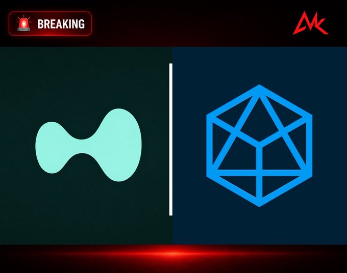 A breaking news graphic with a red siren "BREAKING" tag in the upper left shows two cryptocurrency-related logos: a teal bone-like shape (Kusama) on the left and a blue hexagonal 3D shape (Bridge Network) on the right.