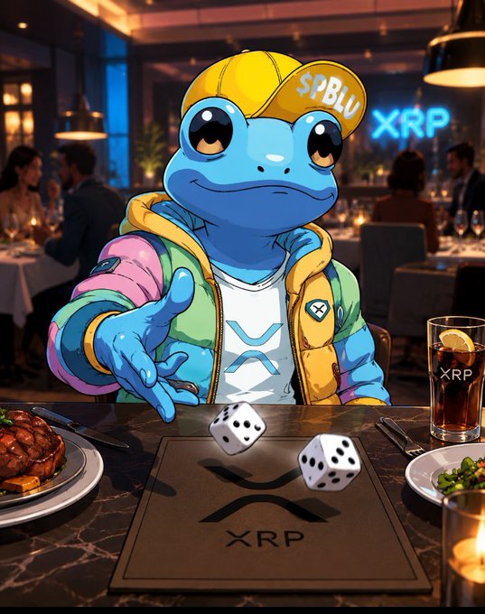 An illustrated blue frog character wearing an XRP cap and colorful jacket, sitting at a restaurant table with dice and XRP branding.