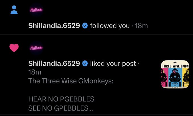 Social media notifications from 'Shillandia.6529' who followed and liked a post titled 'The Three Wise GMonkeys: HEAR NO PGEBBLES SEE NO PGEBBLES...'