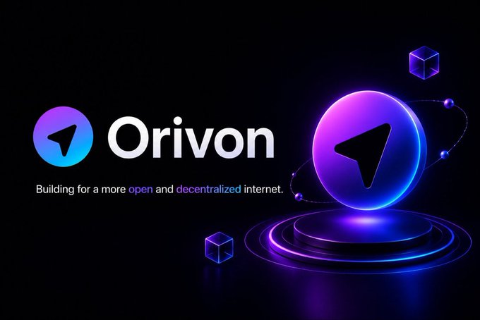 A promotional banner for 'Orivon' with the tagline 'Building for a more open and decentralized internet,' featuring a purple Telegram-style logo and glowing 3D elements.