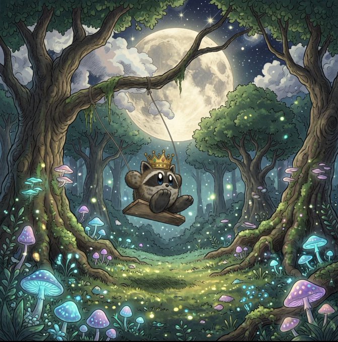 Under a glowing full moon in an enchanted forest filled with bioluminescent mushrooms and fireflies, a crowned raccoon named Jimothy rides a wooden swing, ready for his next whimsical adventure.