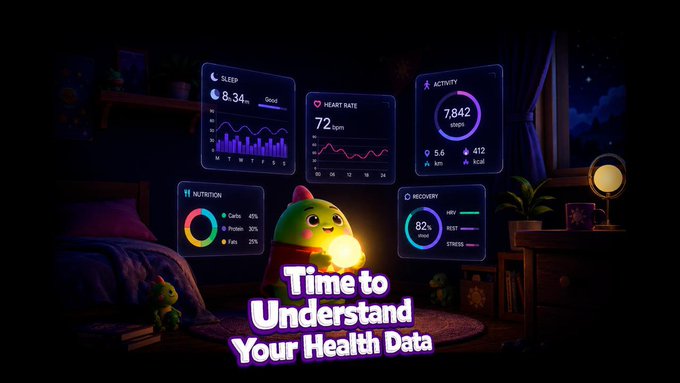 The image shows a cute green character holding a glowing orb in a cozy bedroom, surrounded by health dashboard panels displaying "SLEEP 8H 34M Good," "HEART RATE 72 bpm," "ACTIVITY 7,842 steps," "NUTRITION," and "RECOVERY 82%" — with the text "Time to Understand Your Health Data." This visually reinforces the post's message about Sleepagotchi ($SLEEP) being more than a simple sleep tracker, revealing a broader ecosystem that integrates multiple health metrics beyond just sleep monitoring.