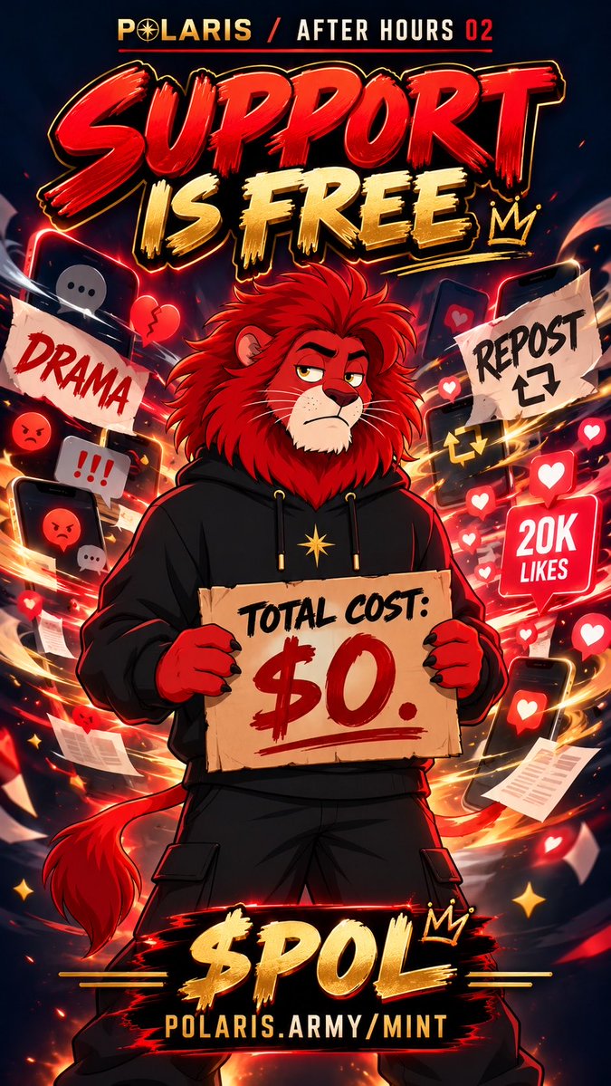 An illustrated poster titled 'POLARIS / AFTER HOURS 02' features a red-maned lion character in a black hoodie holding a sign reading 'TOTAL COST: $0.' with the word 'SUPPORT IS FREE' in bold brushstrokes above and '$POL' with 'POLARIS.ARMY/MINT' below.
