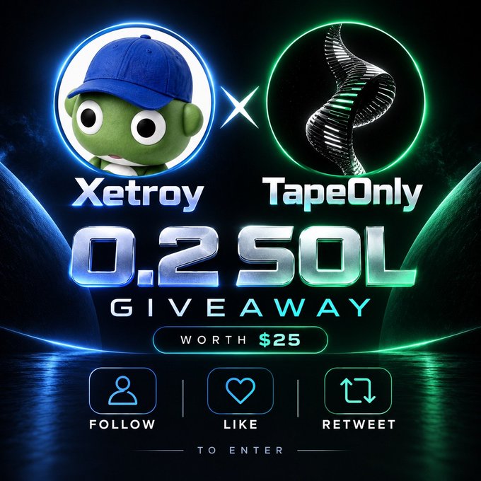 A promotional graphic for a "0.2 SOL GIVEAWAY" worth $25, featuring cartoon character Xetroy in a blue cap alongside a "TapeOnly" logo with a glowing DNA helix, instructing users to follow, like, and retweet to enter.