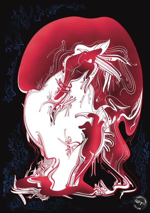 A stylized red and white illustration of a wolf-like creature or demon with flowing fur/horns and intricate line details, signed 'NFP 2024' in the bottom right corner.