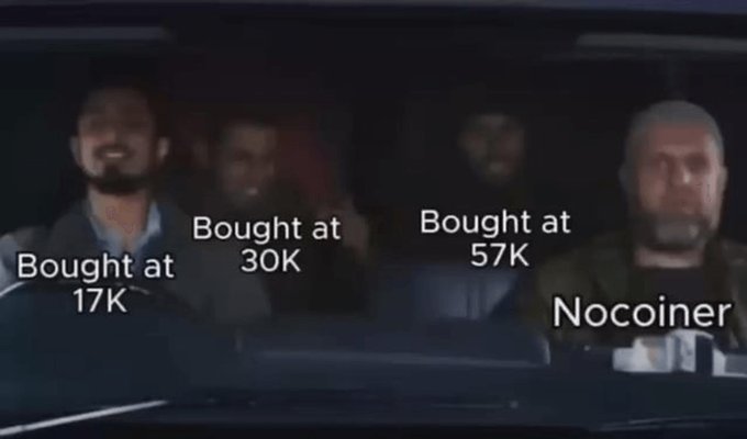 A meme using the 'Guys in a car' template where passengers are labeled 'Bought at 17K', 'Bought at 30K', and 'Bought at 57K' while the driver is labeled 'Nocoiner'.
