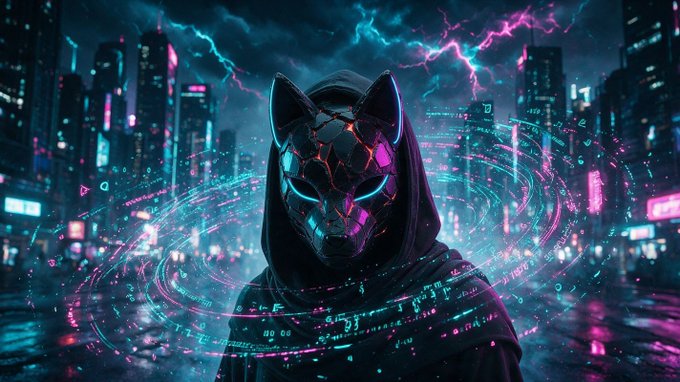 A hooded figure wearing a futuristic cybernetic fox mask with glowing magenta and teal circuitry stands against a neon-lit cyberpunk cityscape, surrounded by swirling rings of digital code and lightning. The high-tech, AI-themed imagery visually reinforces the post's mention of an X Space with the Lead AI developer for the $TOTEM project, complementing the project's tech-forward branding on DEXTools.