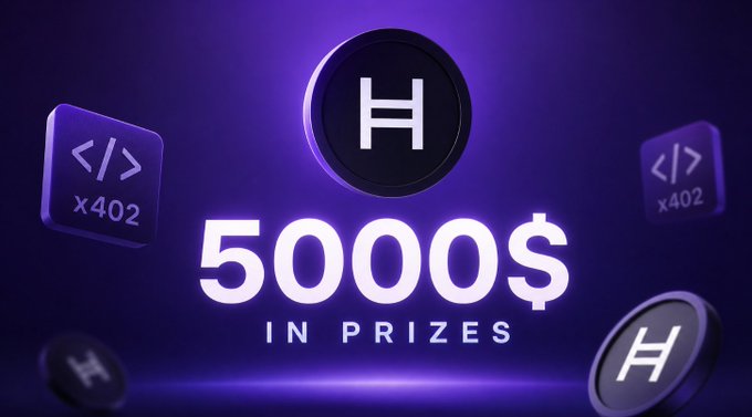A promotional graphic with a purple background showing a 'H' logo, code brackets '< /> x402', and text advertising '5000$ IN PRIZES.'