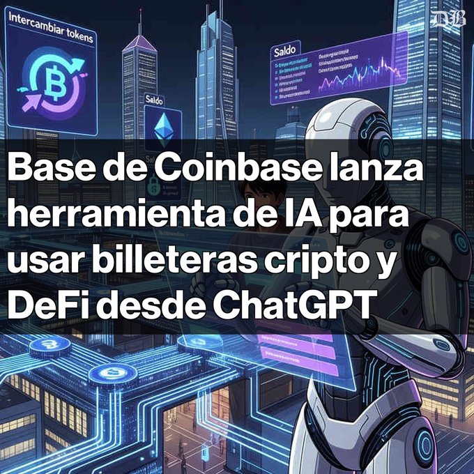 The image features a robot standing in front of a city skyline with buildings at night. The robot appears to be holding a piece of paper, which has text written on it that says "Base de Coinbase lanza herramienta de IA para usar billiateras cripto y DeFi desde ChatGPT". This post is about the concept of using blockchain technology for various purposes. The robot in the image seems to be a symbol or representation of this idea, as it stands in front of a cityscape and holds onto paper with text on it.
