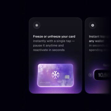 A dark-themed digital card interface features the text 'Freeze or unfreeze your card instantly with a single tap — pause it anytime and reactivate in seconds,' alongside a purple gradient card design with a snowflake icon.