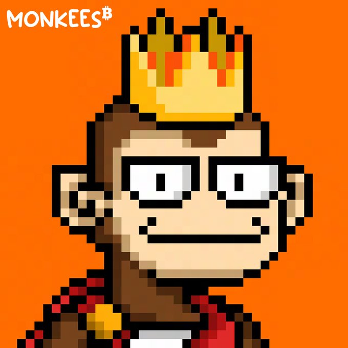 Pixel art portrait of a character wearing a golden crown against an orange background, with the text 'MONKEES$' in the top left corner.