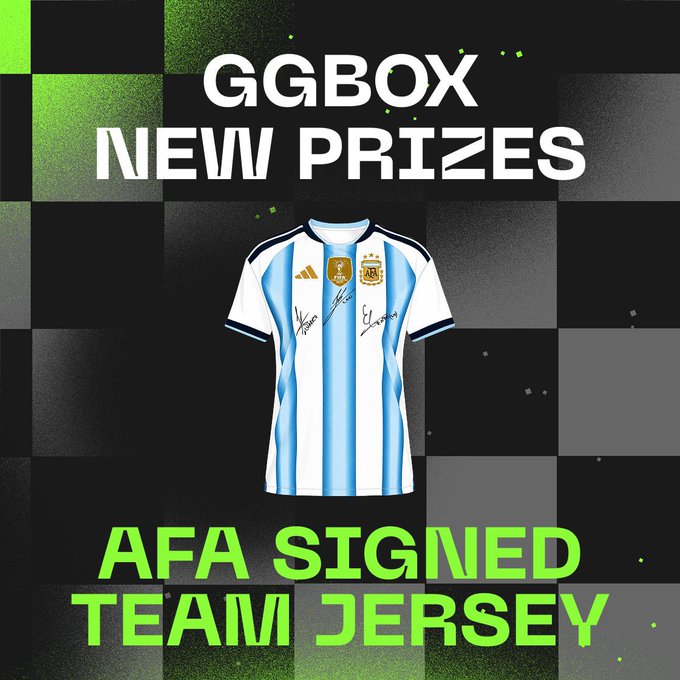 A green and black promotional graphic displays an Argentina national team jersey with the AFA crest and signatures, headlined "GGBOX NEW PRIZES" and "AFA SIGNED TEAM JERSEY." The image visually represents one of the limited signed Argentina World Cup jerseys from Messi and two other key players included in the GGBox prizes mentioned in the post.