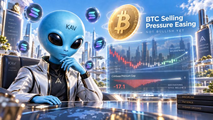 A crypto market graphic featuring a blue alien in a silver jacket analyzing charts, with text reading 'BTC Selling Pressure Easing, NOT BULLISH YET' alongside 'Coinbase Premium Gap -17.1' and 'Sellers Weakening.'
