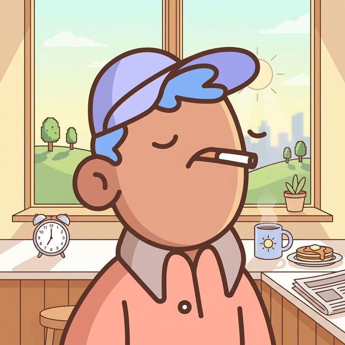 An illustrated cartoon of a bald person wearing a purple cap and smoking a cigarette, with a relaxed expression in a room with a window, clock, and breakfast.