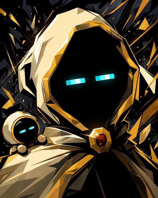 A stylized digital illustration of a hooded robotic or armored figure with glowing cyan horizontal eyes and a red gem at its chest.