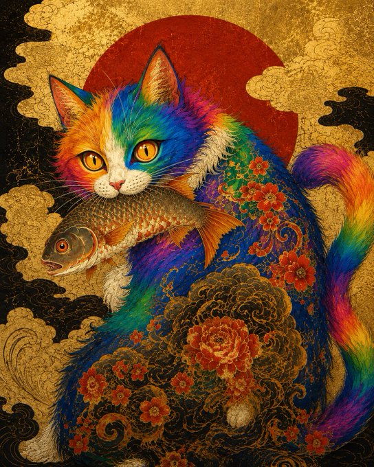 A vibrant Japanese-style illustration of a colorful calico cat holding a fish, decorated with floral patterns against a gold and red background featuring a rising sun and clouds.