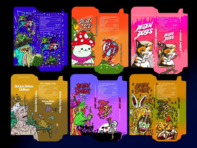 The image displays six colorful "DeGen Doses" product packaging designs featuring psychedelic, cartoon-style illustrations including a mushroom cat, skateboarding cat, classical statue, and other vibrant characters, each with a "My Mysterious Doses" supplement facts panel. The post's "Gm degens" greeting ties into the brand's playful, crypto/NFT-inspired aesthetic aimed at the "degen" community.