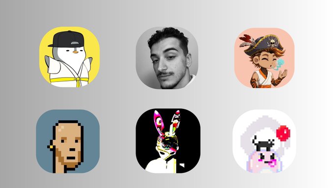 A grid of six different profile pictures / avatar icons, including a penguin, a man's photo, an anime pirate character, a pixelated face, a colorful rabbit, and a pixel-art character with a red flower.