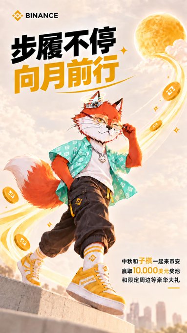 A Binance promotional graphic in Chinese featuring an anthropomorphic cat mascot wearing a green patterned shirt and crown, with the text '步履不停 向月前行' (Keep Walking, March Towards the Moon) advertising a Mid-Autumn festival giveaway of 10,000 USDT.