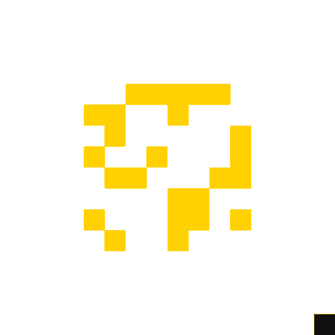 An abstract design composed of yellow squares arranged in a roughly circular pattern on a white background.