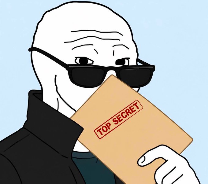A cartoon figure wearing sunglasses holds up a manila envelope stamped "TOP SECRET" in red, fitting the post's joke about sharing exclusive insider "alpha" with an anonymous follower. The secretive imagery plays on the idea of confidential market tips being passed along.