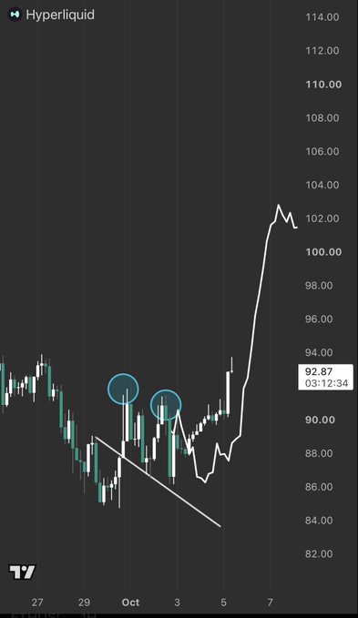 A TradingView chart for Hyperliquid (HYPE) showing a price surge to 92.87, with two circled patterns and a descending trendline highlighted.